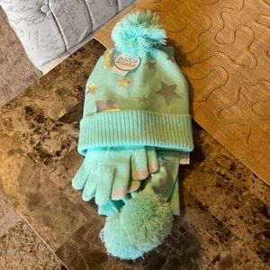 Mint Green/Silver Star Pom Hat Scarf Gloves Set